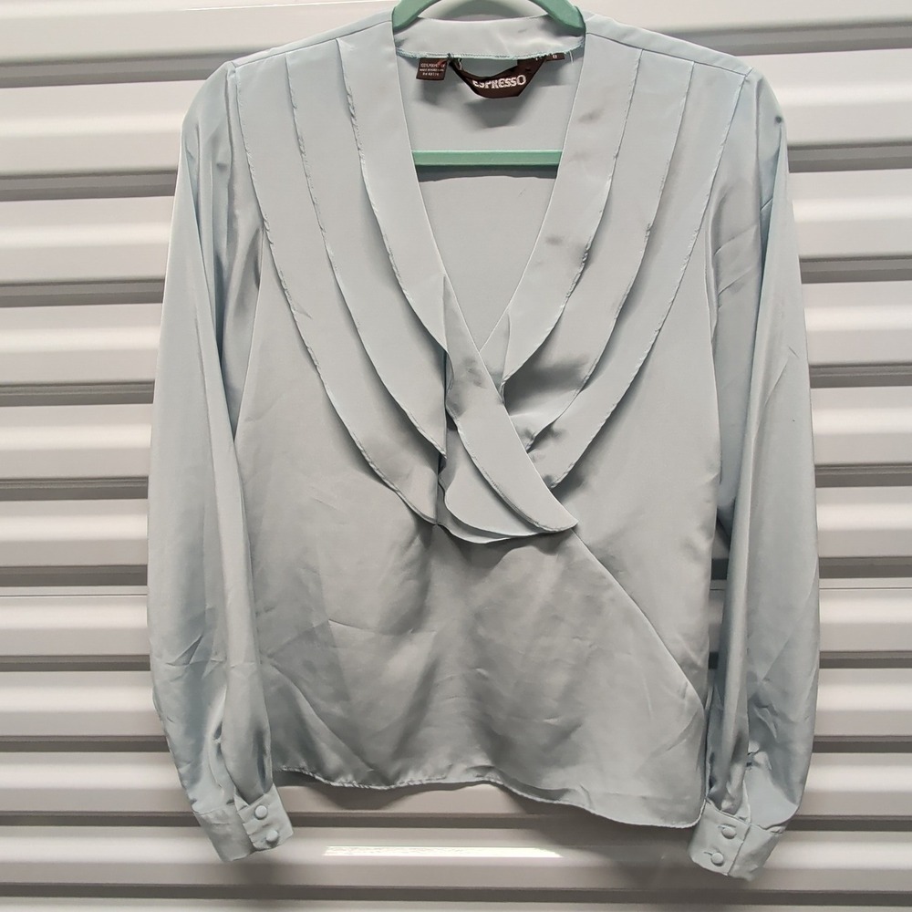 Espresso Blouse Size 8 Womens Light Blue Ruffle V-Neck Satin Long Sleeve Top